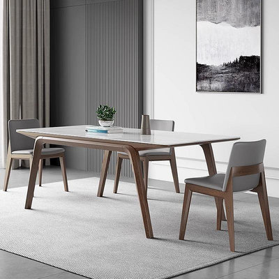 餐桌亮光巖板餐桌家用現代輕奢高端進口實木白蠟木胡桃色長方形餐桌椅