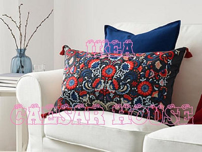 ╭☆卡森小舖☆╮【IKEA】SKOGSKORN 靠枕, 深灰色/彩色 低調高雅 手工 刺繡 大抱枕(含枕心)