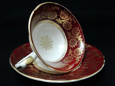 【timekeeper】  英國絕版名瓷Royal Grafton赭紅色華麗重金咖啡杯+盤(免運)