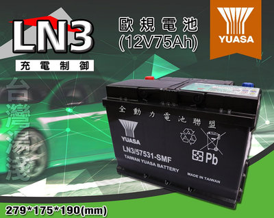 全動力-湯淺 YUASA 歐規電池 免加水 汽車電瓶 LN3 (75Ah) 國產 全新 BMW AUDI適用