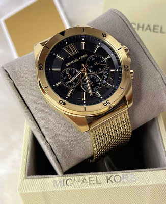 MICHAEL KORS Brecken 黑色面錶盤 金色不鏽鋼編織錶帶 石英 三眼計時 男士手錶 MK8867