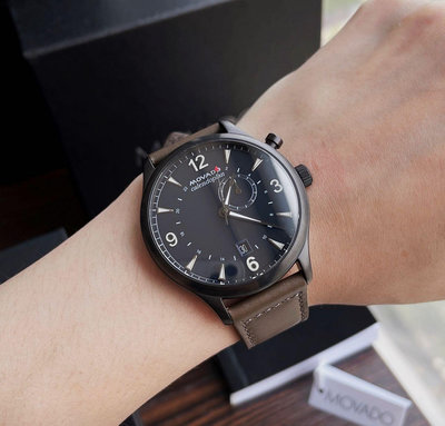 MOVADO Heritage Calemdoplan GMT 藍色錶盤 棕色皮革錶帶 石英 男士手錶 3650017
