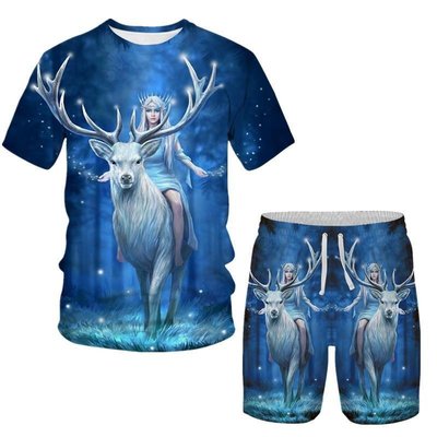 現貨熱銷-夏季3D立體白鹿女神彈力透氣寬松加大碼冰絲個性短袖+褲子套裝T恤