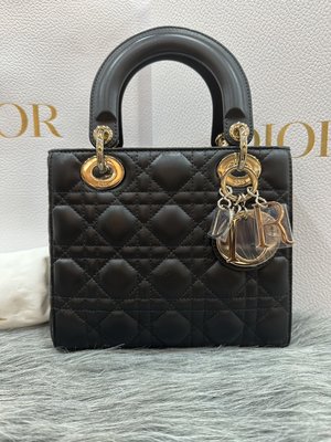 Dior CD LADY M0538 小款 黑色羊皮 金釦 黛妃包 手提包 斜背包 4X5