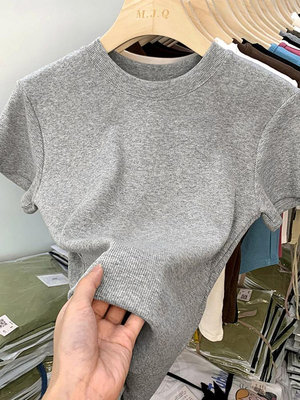歐貨冰絲面膜灰色t恤女短袖夏季2024年新款修身針織打底圓領上衣_佳美優品