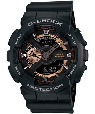 CASIO手錶公司貨G-SHOCK黑玫瑰金GA-110RG-1 A耐衝擊指針雙顯多功能運動錶GA-110