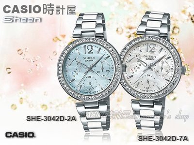 CASIO 時計屋 卡西歐手錶 SHEEN SHE-3042D 女錶 指針錶 不鏽鋼錶帶 白 施華洛世奇 日/星期 防水