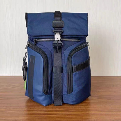 TUMI 232759 深藍 加厚尼龍拼牛皮 多夾層時尚後背包 雙肩包 獨立筆電夾層 可插行李箱 耐磨 商務 休閒 大容量 限量優惠
