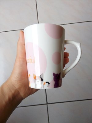 QQ貓咪馬克杯（可微波 黑人牙膏 圓點 圓圈圈 普普風 白色 粉色 粉紅色 咖啡杯 茶杯 杯子 餐具 陶瓷）