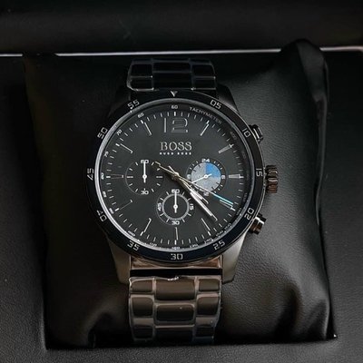 HUGO BOSS Professional 黑色面錶盤 黑色不鏽鋼錶帶 石英 三眼計時 男士手錶 1513528