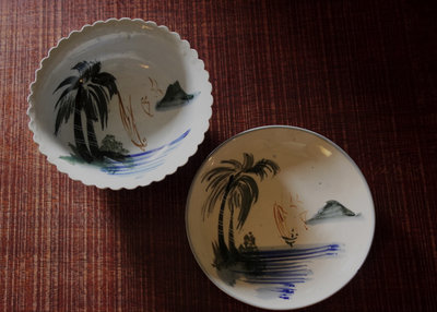 台灣/早期/老碗盤/手繪/椰子盤與碗公/一組