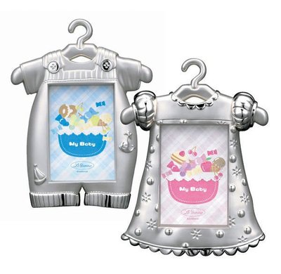 日本Ladonna Baby 男孩吊帶褲+女孩花洋裝金屬浮雕鍍銀相框/ MB29+30-S2
