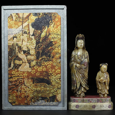 珍藏壽山白芙蓉石手工雕刻彩繪童子觀音印章，觀音尺寸約為5.5×4.2×18.8厘米、2683