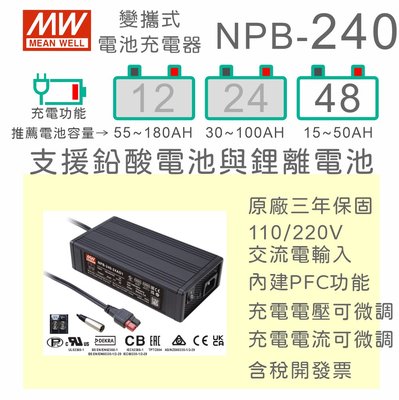 【保固附發票】MW明緯 240W 鉛酸 鋰離電池 便攜式工業級充電器 NPB-240-48 48V 15~50AH電池