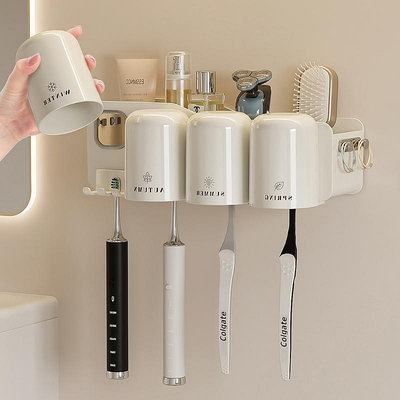 牙刷牙膏置物架衛生間免打孔壁掛式漱口刷牙杯子電動牙具牙缸套裝