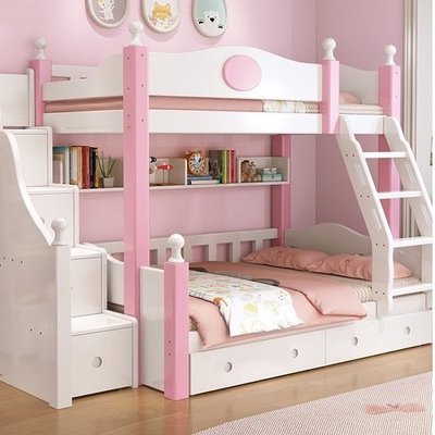 全實木高低床子母床兒童上下床雙層床粉色兩層床女孩公主床上下鋪
