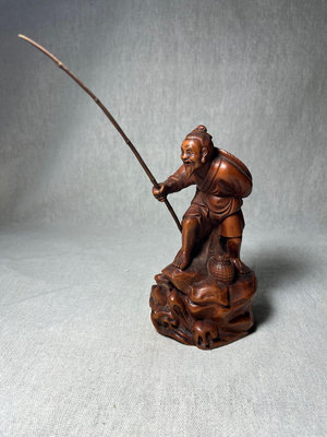 早期收藏老料黃楊木木雕藝術姜太公釣魚願者上鉤擺件
