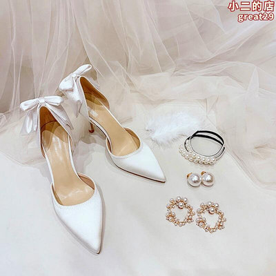 純色淺口高跟鞋 法式緞面婚禮高跟鞋仙女風蝴蝶結婚鞋女