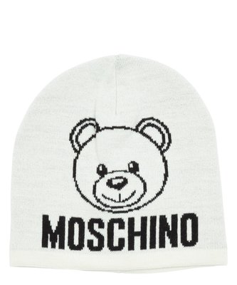 MOSCHINO 絕版精品~唯美象牙白色熊熊羊毛毛線帽針織毛帽!義大利製造~