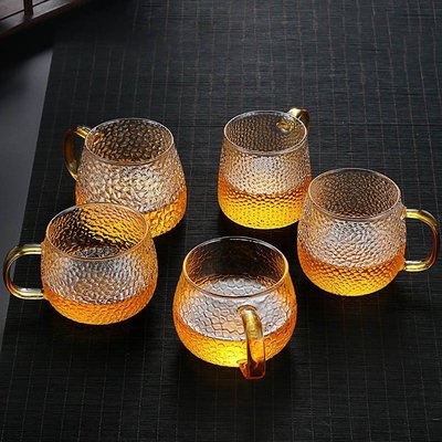 【熱賣精選】透明錘紋耐熱茶杯 創意辦公室杯子 加厚玻璃杯 家用帶把簡約涼水杯