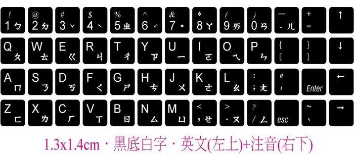 訂製鍵盤貼紙 優質品 不反光筆記型鍵盤貼紙 黑底白字英文 左上 注音 右下 貼紙 鍵盤貼紙尺寸 1 3x1 4cm Yahoo奇摩拍賣