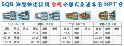 油壓快速接頭 SQB-1/4 T型/SQB-3/8 J型/SQB-3/8 T型/SQB-3/8 U型