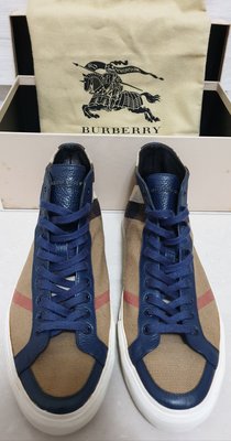 BURBERRY 經典格紋 駝色 海軍藍 皮革 帆布 麻布 高筒鞋