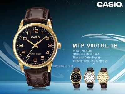 CASIO 卡西歐 手錶專賣店 MTP-V001GL-1B男錶 石英錶 皮革錶帶 防水