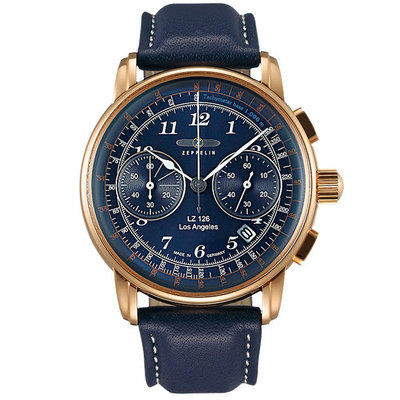 ZEPPELIN 齊柏林飛船 LZ126 7616-3 手錶 42mm 雙眼計時 藍色面盤 藍色皮錶帶 男錶女錶