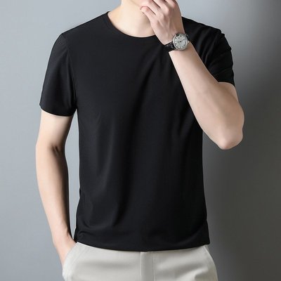 2023年高品質男士短袖t恤夏季薄款冰絲寬松透氣圓領純色體恤青年