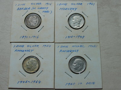 美國 1角 錢幣 1916 1941 1964 1968 共4枚
