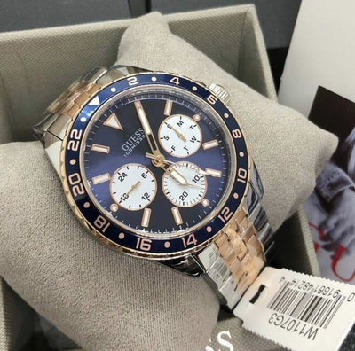 GUESS 藍色錶盤 雙色調不鏽鋼錶帶 石英 男士手錶 W1107G3