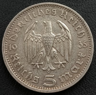 德國   1935年 A(柏林廠) 納粹德國  5馬克   興登堡    銀幣(90%銀)    1952