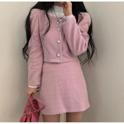 韓國連線·正韓 小香風澎袖毛料外套+毛料短裙兩件式套裝SET 毛料洋裝 毛料套裝 毛呢套裝 氣質