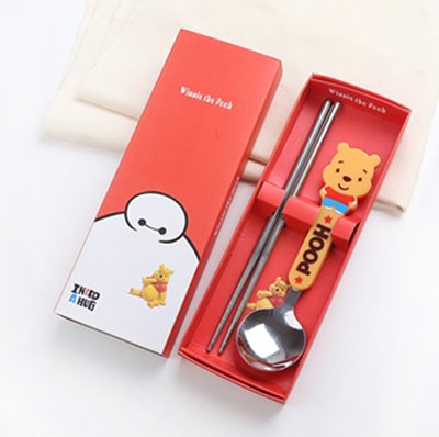 【堆堆樂】╭☆全新++小熊維尼 卡通不鏽鋼筷子湯匙2件兒童餐具套裝 環保攜式餐具盒組