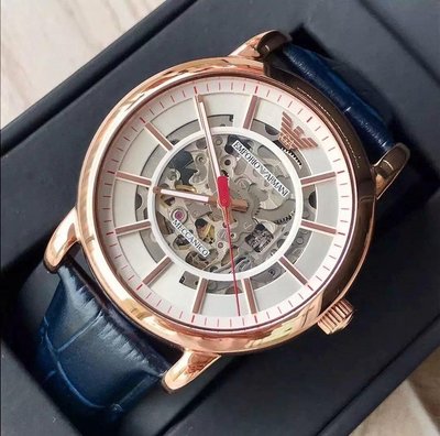 EMPORIO ARMANI 鏤空錶盤 藍色皮革錶帶 自動機械錶AR60009