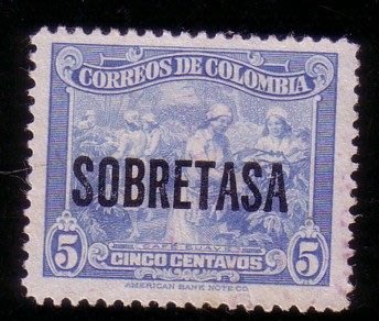 [亞瑟小舖]哥倫比亞婦女採收咖啡豆加蓋附加稅新票1全,上品!!!(1950年)