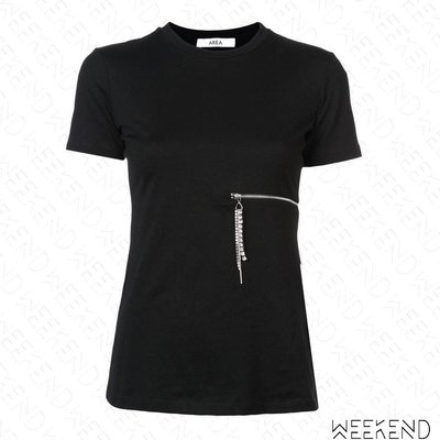 【WEEKEND】 AREA 水晶拉鍊 手動切割 短袖 T恤 露腰 黑色