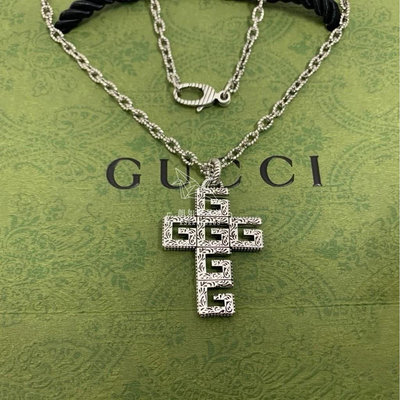 歐洲二手GUCCI 古馳 復古做舊效果 G-Cube 十字架 項鏈 男款銀色