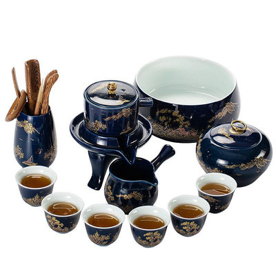 三友社 陶瓷泡茶器創意霽藍描金自動茶具復古懶人石墨茶具套組家用禮品qdd