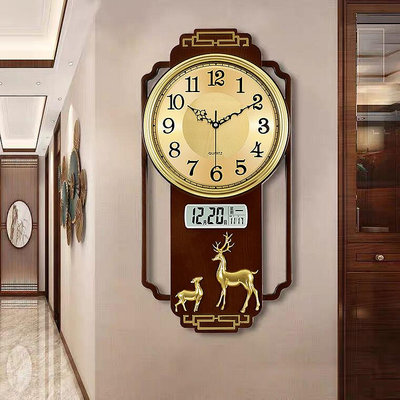 新中式掛鐘客廳家用帶日歷簡約時尚掛墻新款大氣時鐘表免打孔掛表 裝飾畫掛鐘 壁掛鐘表 靜音時鐘