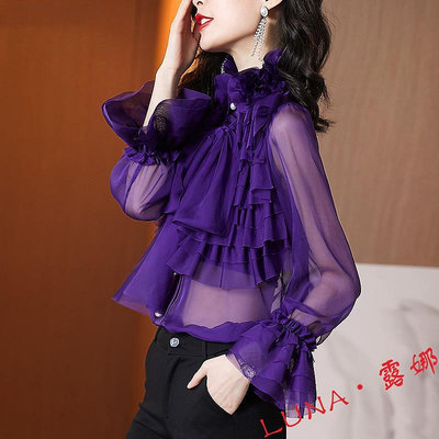 上新韓版紫荷葉邊領喇叭袖襯衫女秋23設計感別緻法式復古上衣