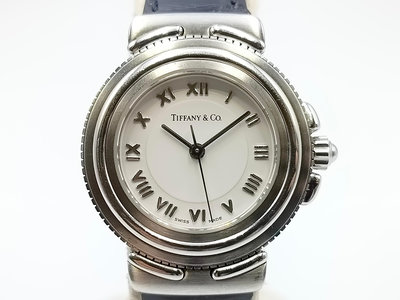 【發條盒子K0176】Tiffany &amp; Co.蒂芬尼 羅馬白面石英 錢幣紋不銹鋼皮帶女錶 L0811