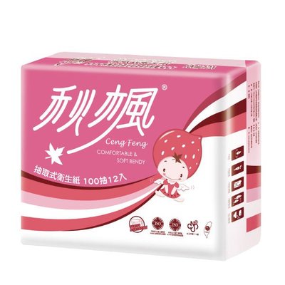 秋楓 草莓抽取式 衛生紙 100抽X12包X6串/箱 (72包)