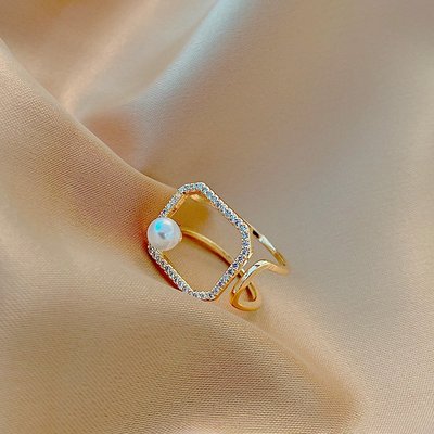 D家韓國銀飾~方形珍珠戒女時尚個性簡約開口食指冷淡風ins潮網紅小眾設計素圈