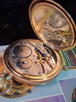 美國Illinois伊利諾伊古董老懷錶，鍍金三開蓋外殼，精磨