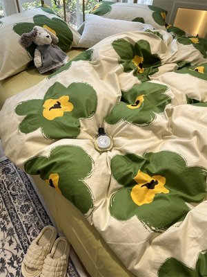 ins綠色田園美式床上四件套全棉純棉1.5米被套床單三件套油畫花卉正品促銷