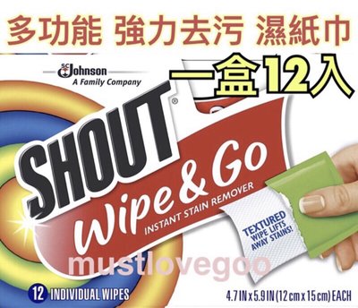 Shout 美國 Wipe & Go 多功能 強力去污 濕紙巾 去漬 一盒12入 隨身攜帶 紙巾 超好用