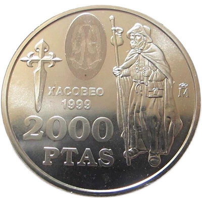 【二手】西班牙1999年 圣雅各2000比塞塔普制紀念銀幣 銀幣 紀念幣 紀念鈔【破銅爛鐵】-3644