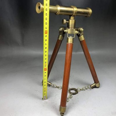 現貨熱銷-【紀念幣】老貨純銅三角木支架伸縮單筒望遠鏡